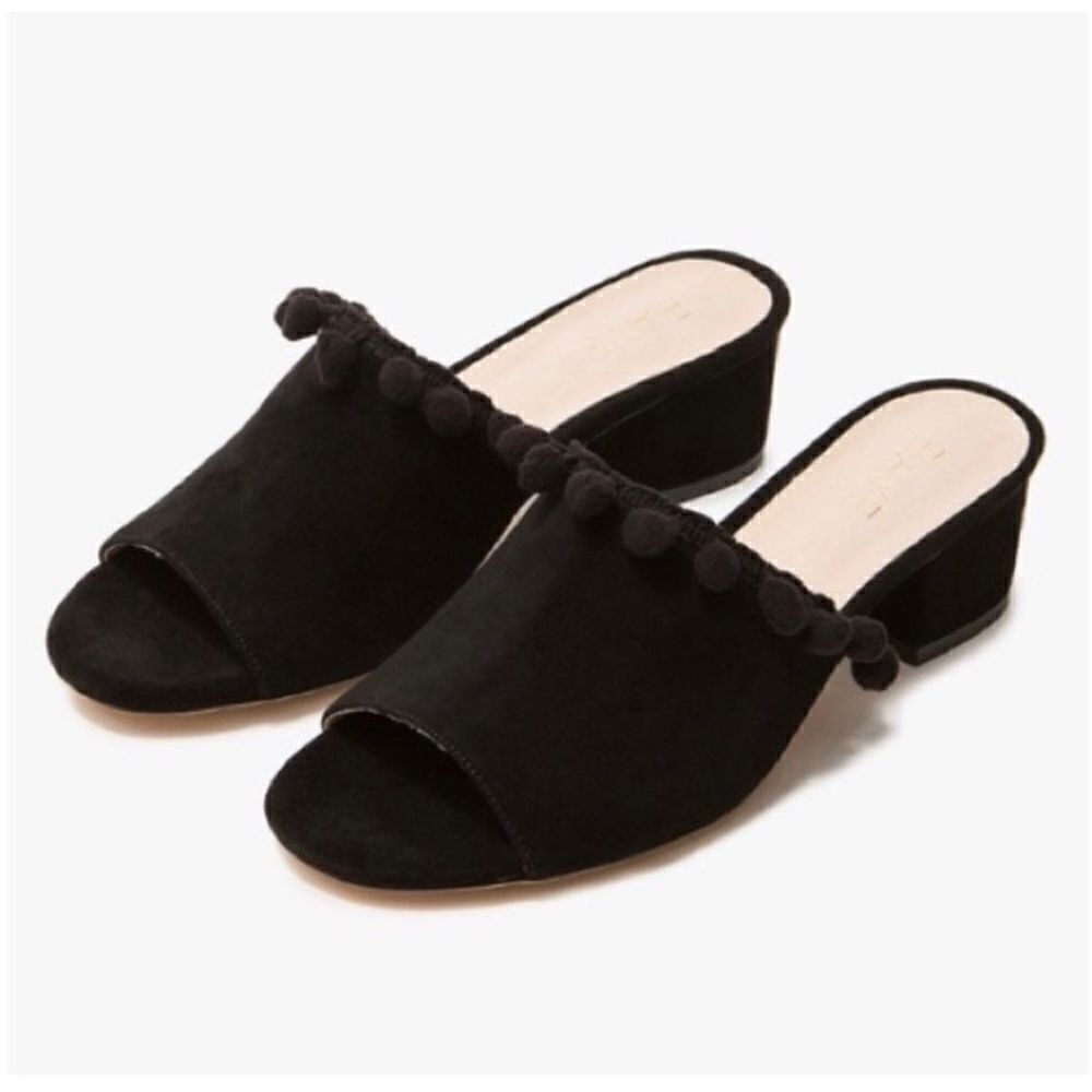 Anthropologie RAYE Camille Pom-pom Black Suede Open Toe Slide Sandals Women’s 7